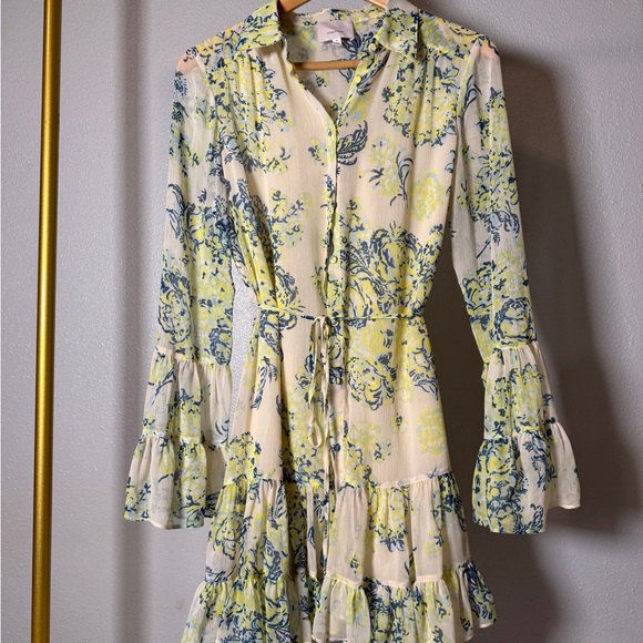 Cinq à Sept Floral Button up Tie waist Dress in Green/blue and Cream size 6 - Picture 4 of 8